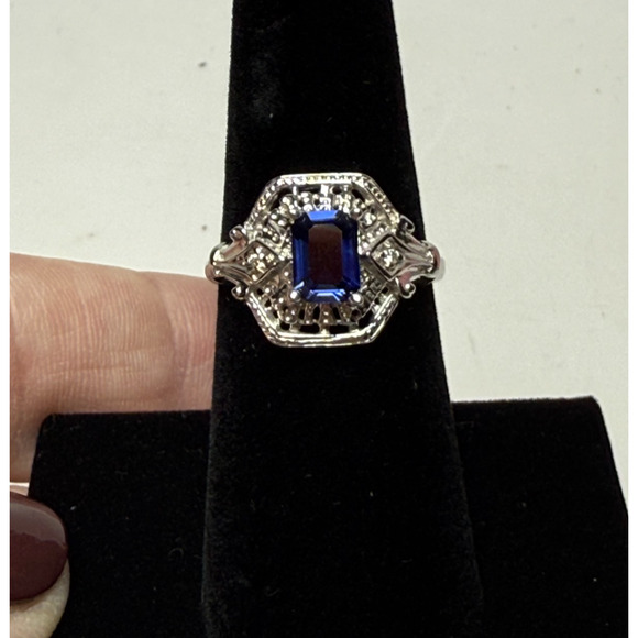 14K Art Deco Style White Gold Lab Created Blue Sapphire Ring 3.24grams Size 6.5 - Picture 1 of 9